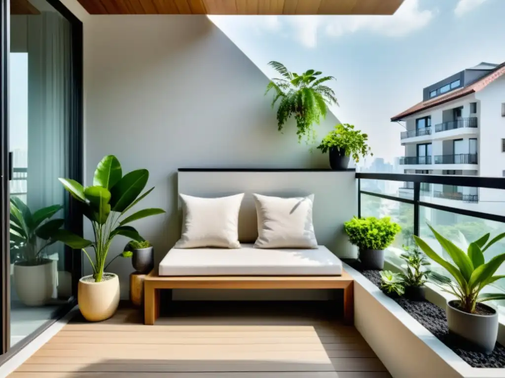 Un balcón tranquilo y armonioso, con plantas, agua y decoración Feng Shui para balcones pequeños