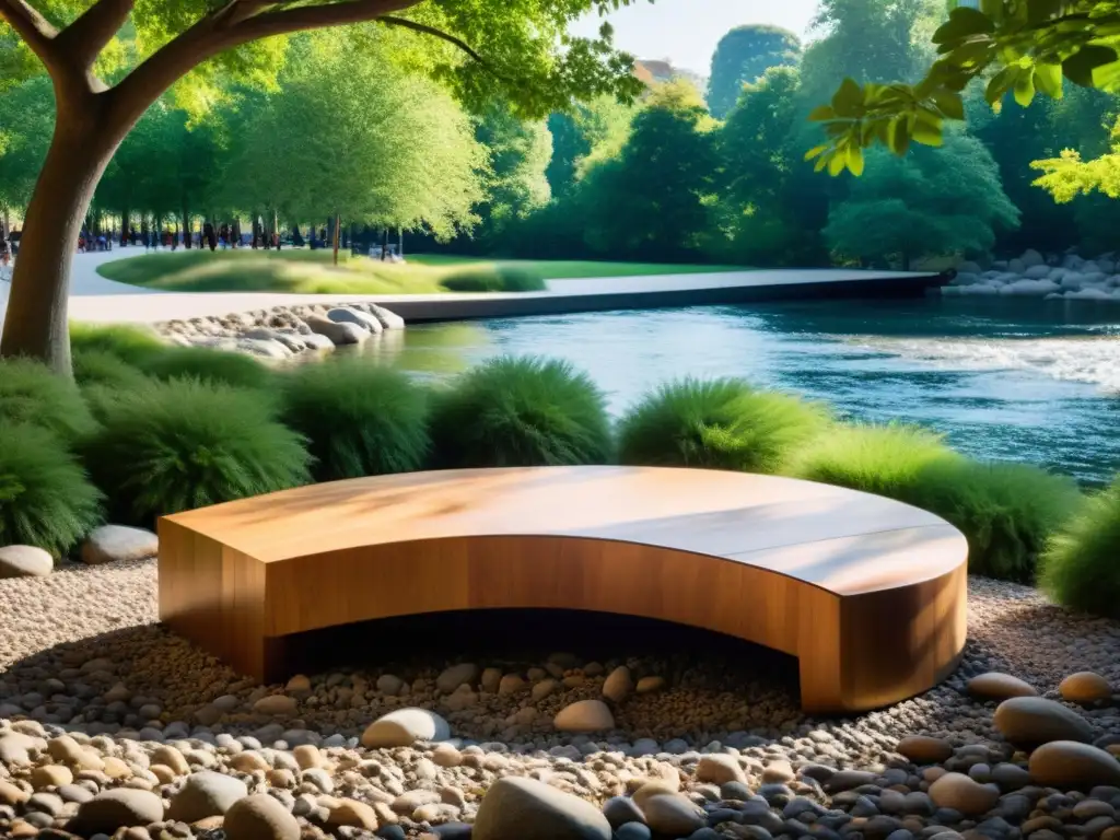 Un banco minimalista de madera en un parque urbano tranquilo, siguiendo el flujo energético del entorno para crear armonía y paz