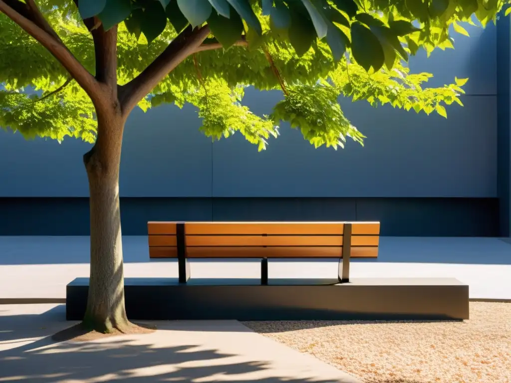 Un banco de parque minimalista con diseño de Feng Shui, integrado en un entorno urbano armonioso y sereno