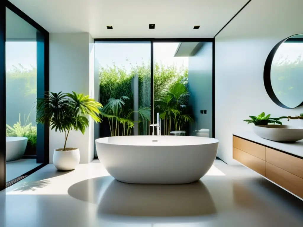 Baño Feng Shui con bañera blanca, luz natural y plantas para purificar energía