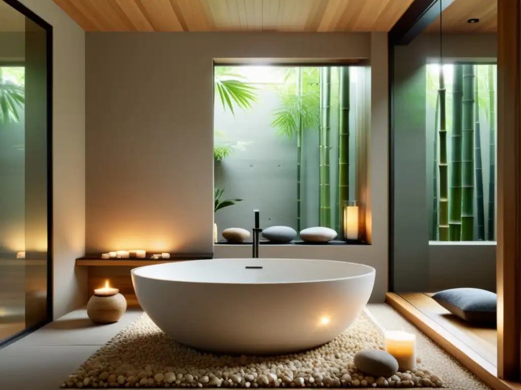 Baño zen con bañera japonesa, detalles de bambú y armonía Feng Shui para baños zen