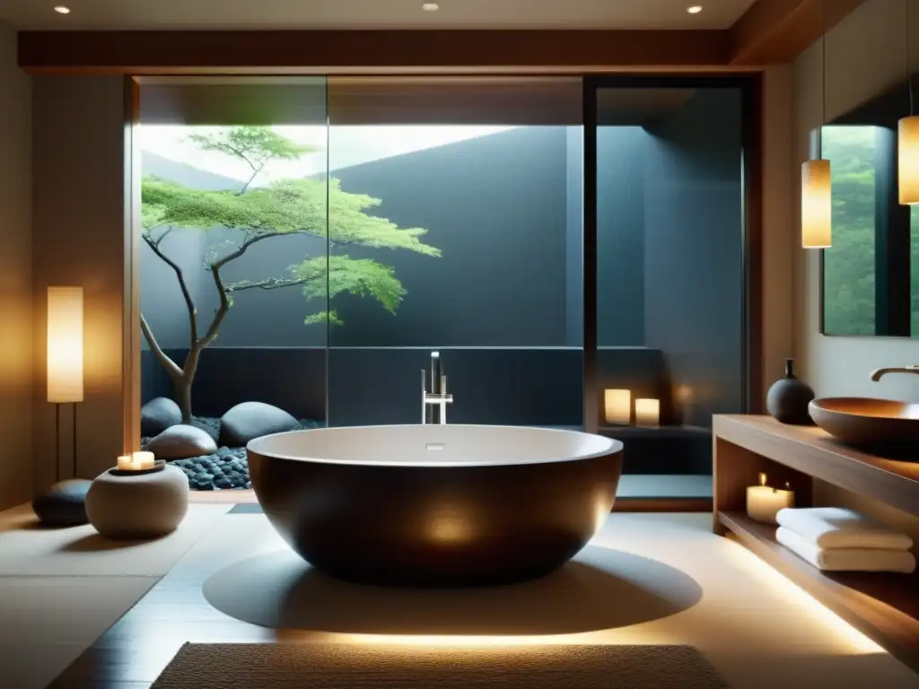 Baño zen con bañera japonesa de madera oscura, rodeada de suaves piedras de río y bañada por luz natural