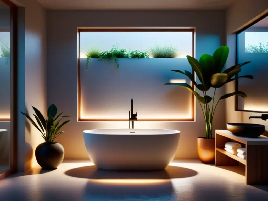 Baño armonioso con iluminación Feng Shui, luz natural suave, bañera moderna y plantas, creando un ambiente tranquilo y sereno