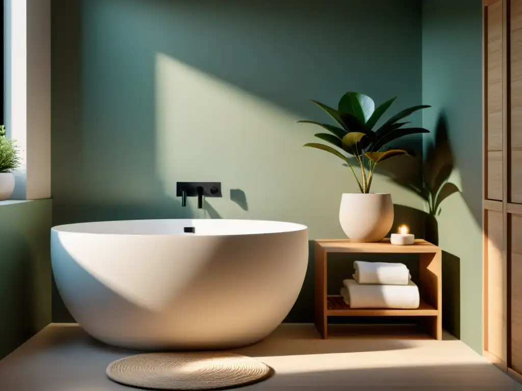 Baño armonioso con iluminación Feng Shui, ambiente relajante y equilibrado, con planta en taburete de madera