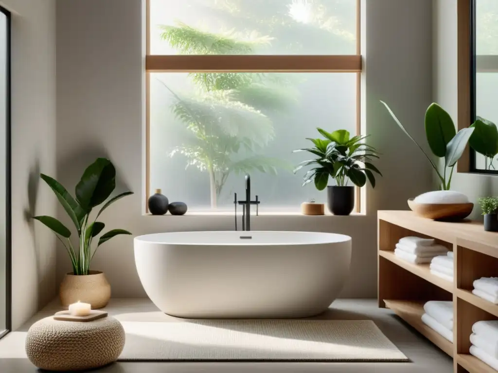 Baño armonioso con iluminación Feng Shui, tranquilidad y naturaleza, bañera moderna y planta verde