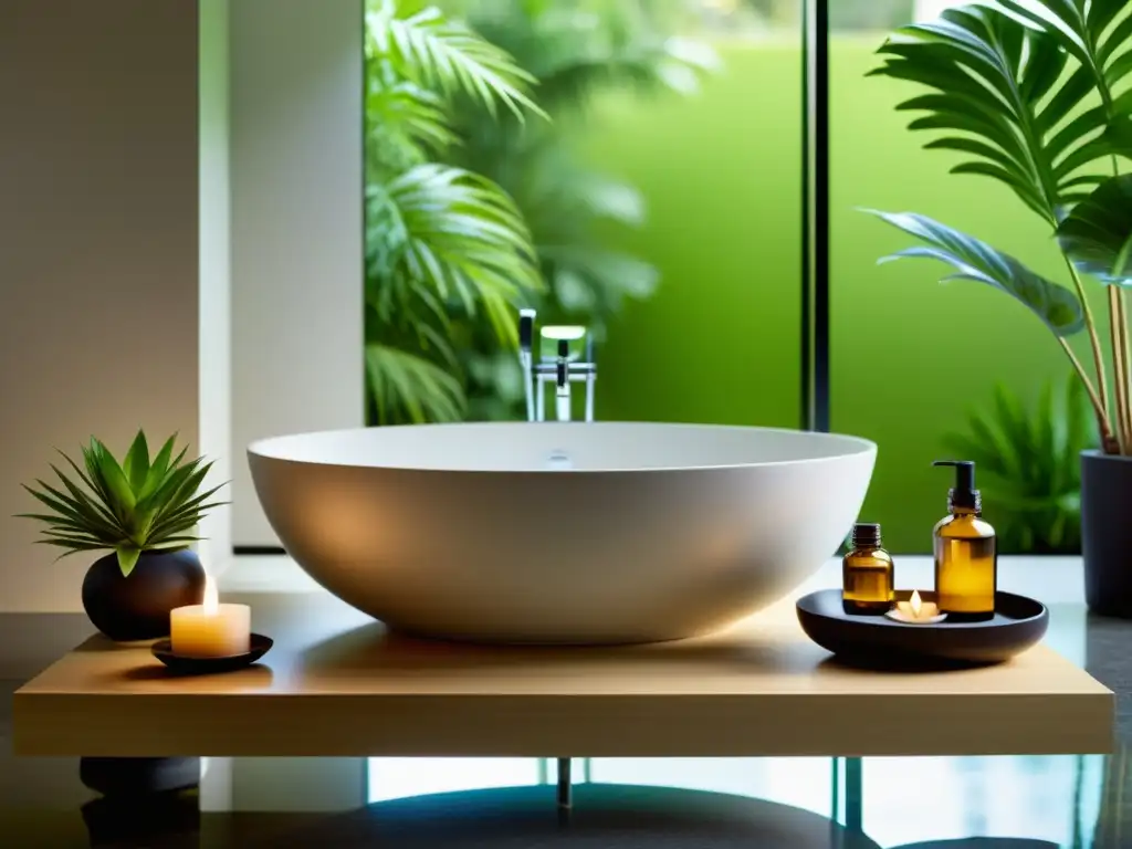 Un baño zen feng shui con bañera, aceites esenciales y plantas exuberantes, evocando una atmósfera serena y relajante