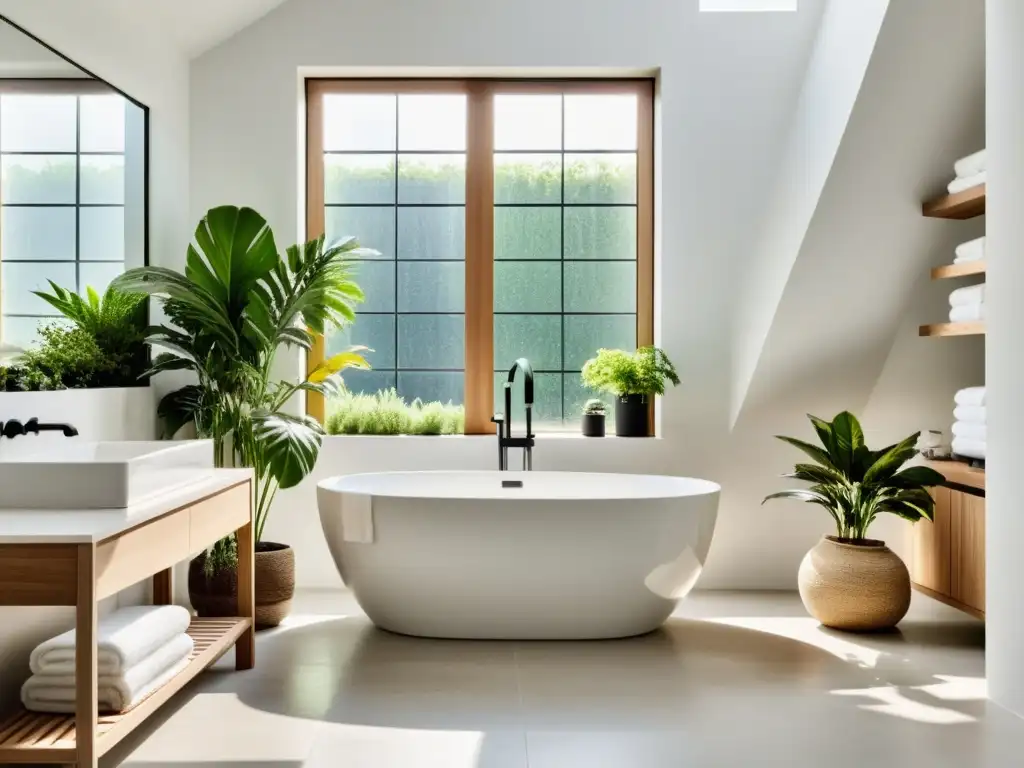 Un baño blanco inmaculado con luz natural y plantas verdes