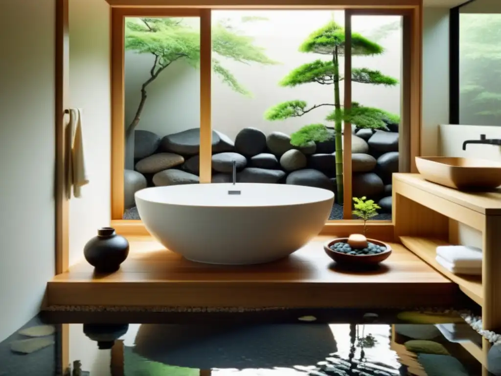 Un baño Zen para armonización del hogar con bañera japonesa de madera oscura, rocas de río y luz natural suave