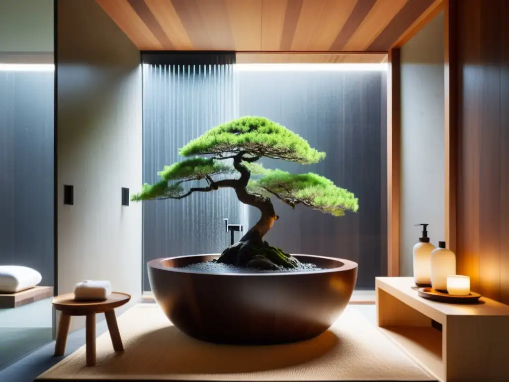 Un baño zen para armonización del hogar: una bañera japonesa de madera oscura llena de agua clara, rodeada de paredes texturizadas de guijarros claros