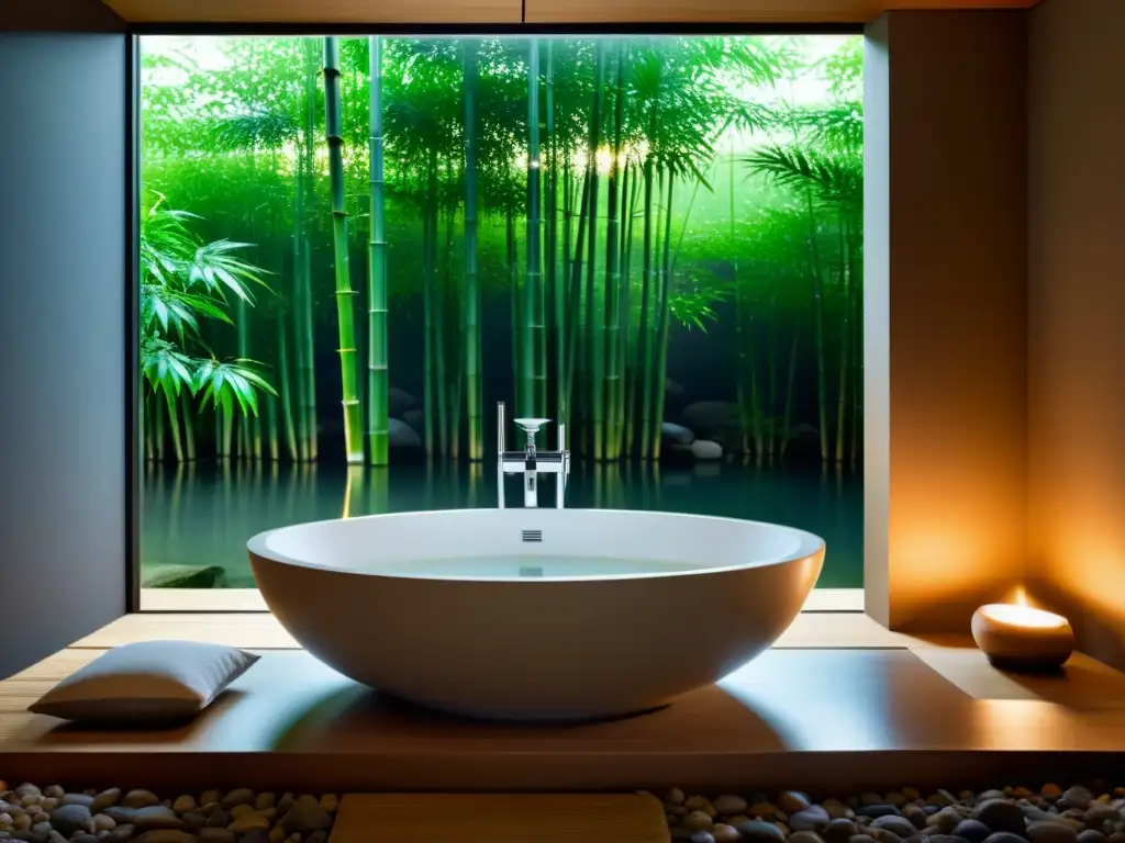 Un baño japonés sereno con velas y rocas, ideal para baños zen para armonización hogar