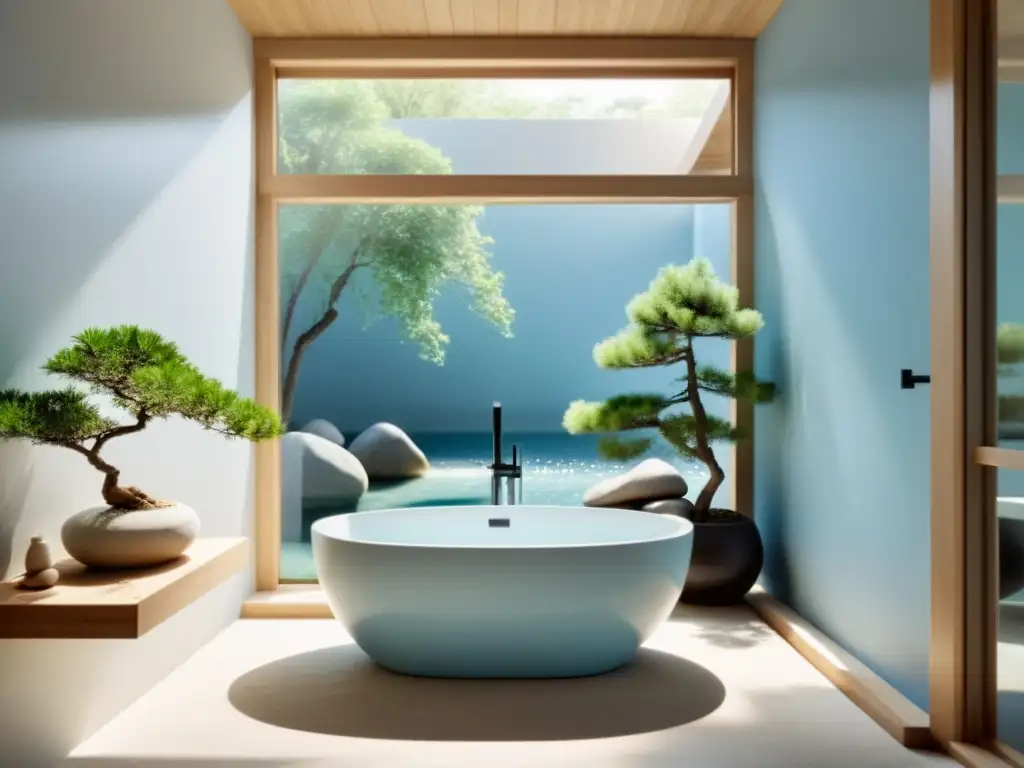 Un baño zen con luz natural, bañera y bonsái, creando un ambiente sereno y relajante