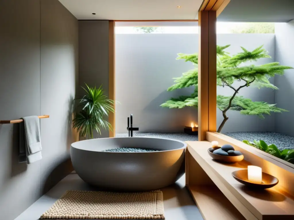 Un baño zen con bañera de madera estilo japonés, azulejos de piedra gris y una atmósfera zen baño feng shui