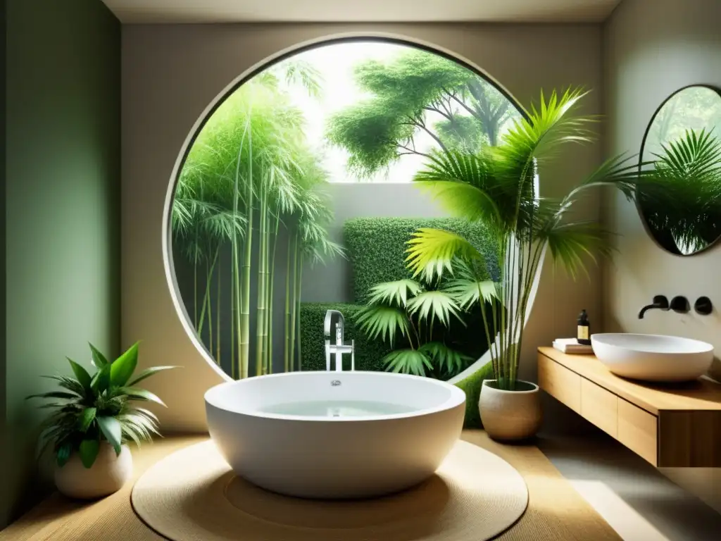 Feng Shui en el baño de mascotas: Un oasis sereno con bañera redonda, plantas de bambú y luz natural, brindando equilibrio y armonía