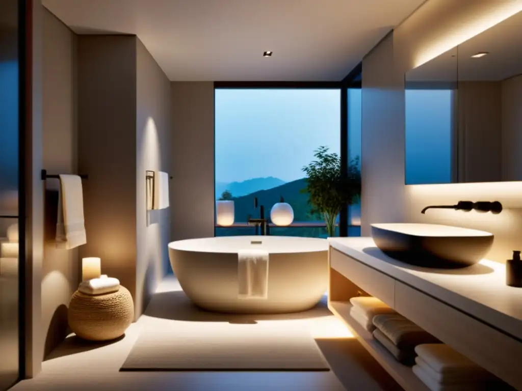 Baño minimalista con iluminación cálida, armoniosa y equilibrada, evocando serenidad y bienestar con el enfoque de iluminación Feng Shui