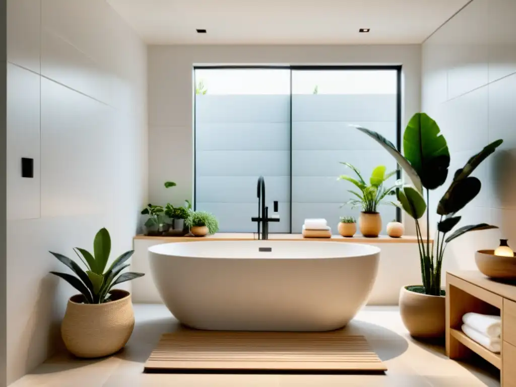 Un baño minimalista con una bañera blanca y plantas, toallas y azulejos neutros