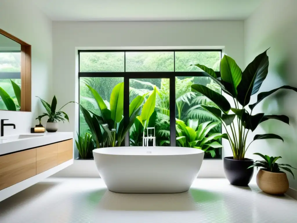 Un baño minimalista con una bañera elegante y plantas purificadoras para baño Feng Shui, creando un ambiente sereno y armonioso