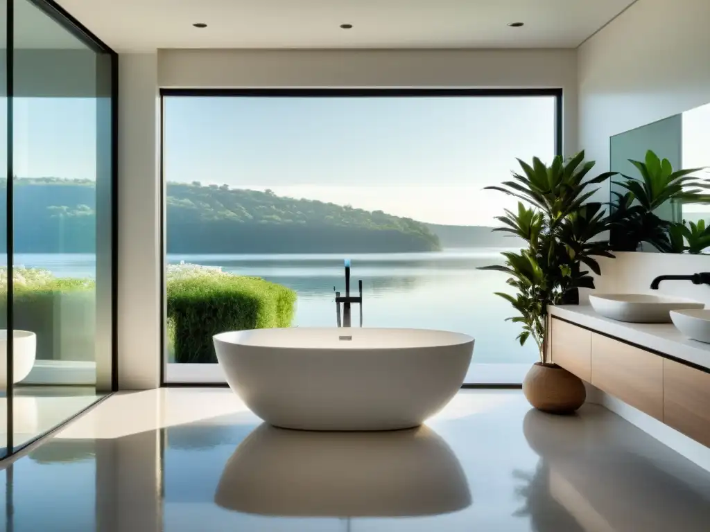 Baño minimalista con bañera independiente frente a ventana con vista al agua, reflejando serenidad