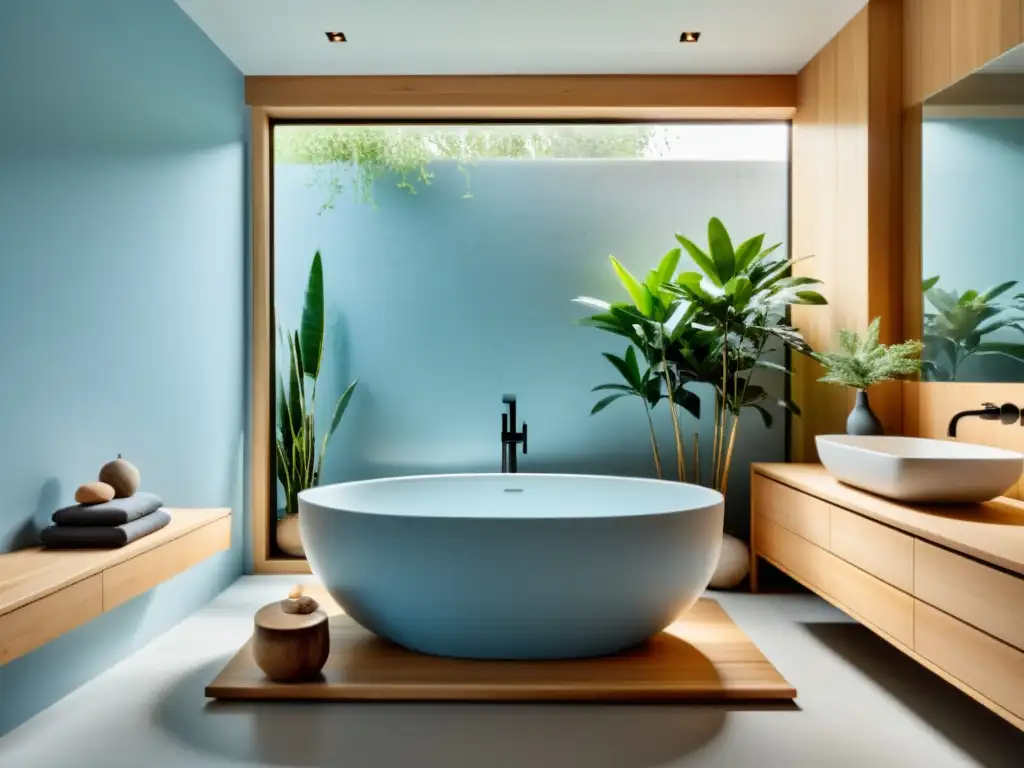 Baño minimalista con bañera independiente, rodeada de elementos naturales y una atmósfera serena en línea con el diseño Feng Shui