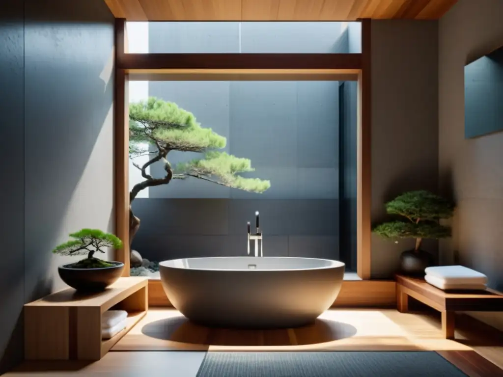 Un baño minimalista con una bañera japonesa de madera oscura, rodeada de azulejos de piedra gris claro