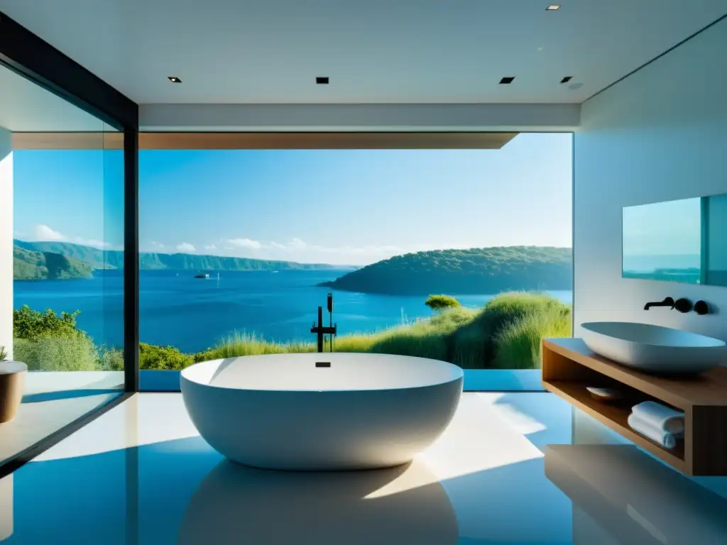 Baño minimalista con bañera junto a ventana con vista al agua, reflejando la importancia del elemento agua en Feng Shui