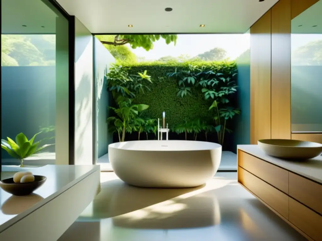 Baño minimalista con bañera moderna junto a ventana, vista a jardín, luz solar y 'Importancia del agua en Feng Shui'