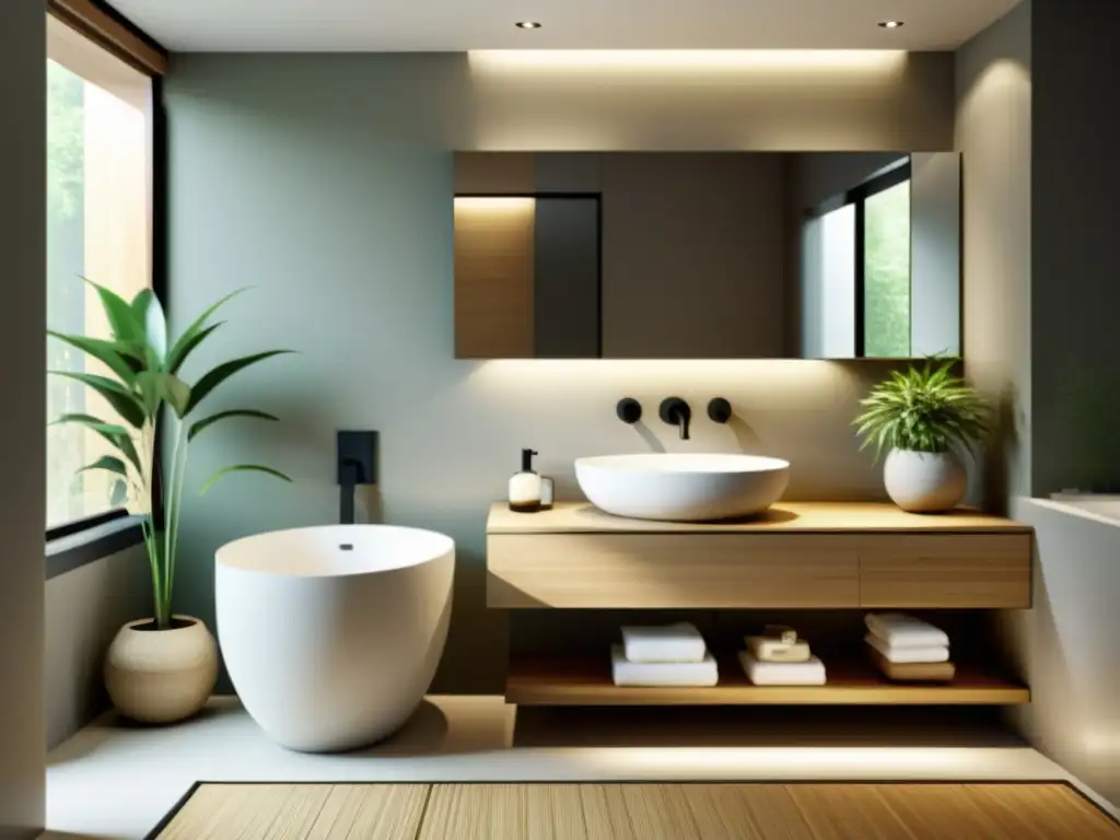 Baño minimalista con elementos esenciales diseño Feng Shui, plantas y serenidad en el diseño