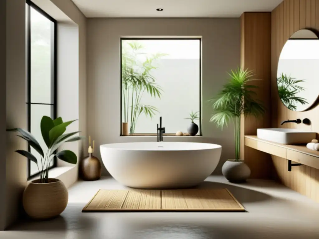 Baño minimalista con elementos esenciales diseño Feng Shui, luz natural y armonía en tonos neutros