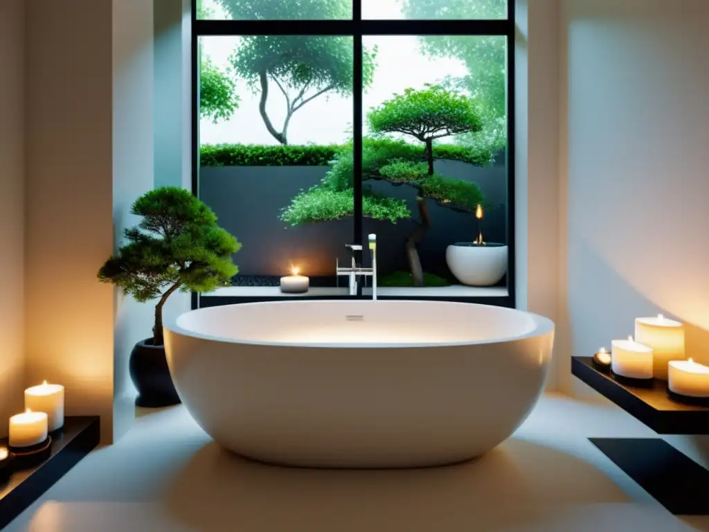 Baño minimalista con elementos de Feng Shui: bañera moderna, ventana con vista a jardín, bonsái y cristales para armonía