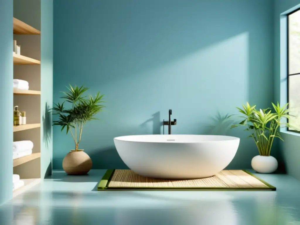 Baño minimalista con iluminación suave y colores serenos, equilibrio hormonal mediante decoración Feng Shui