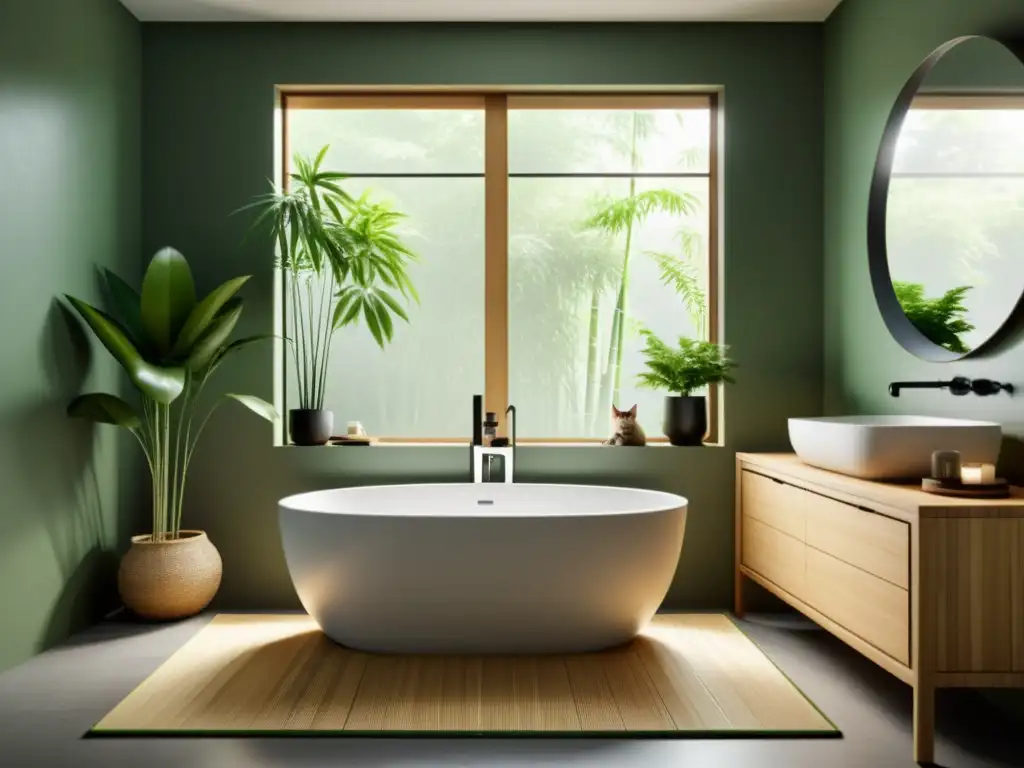 Un baño minimalista con líneas limpias y colores neutros, bañera para mascotas con tapete de bambú, rodeado de plantas verdes y luz natural