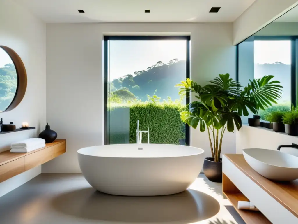 Baño minimalista con luz natural, bañera moderna y plantas, ideal para rituales de limpieza Feng Shui