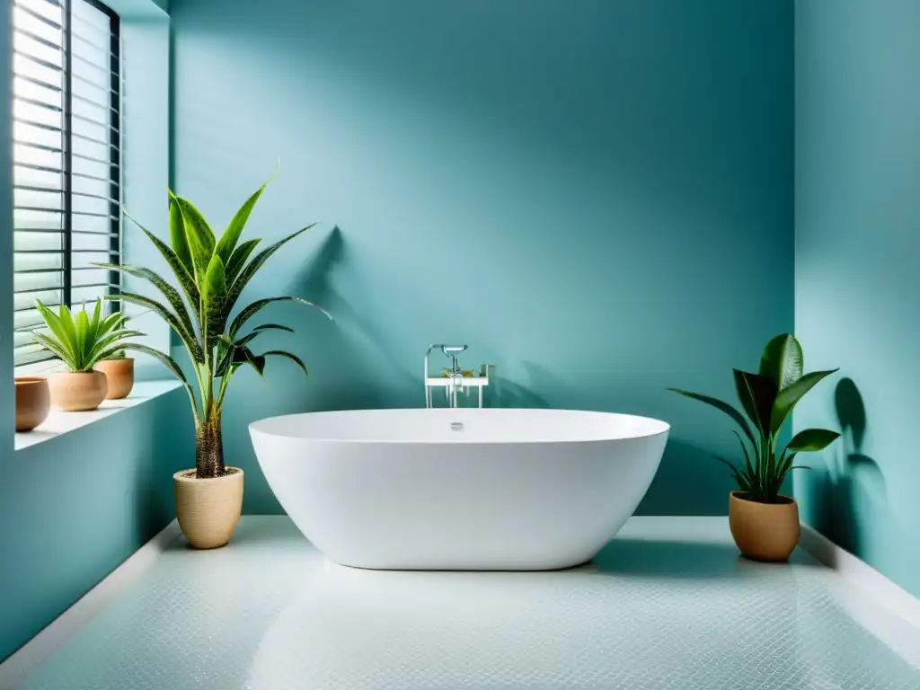 Un baño minimalista con plantas purificadoras para baño Feng Shui, aportando equilibrio y armonía