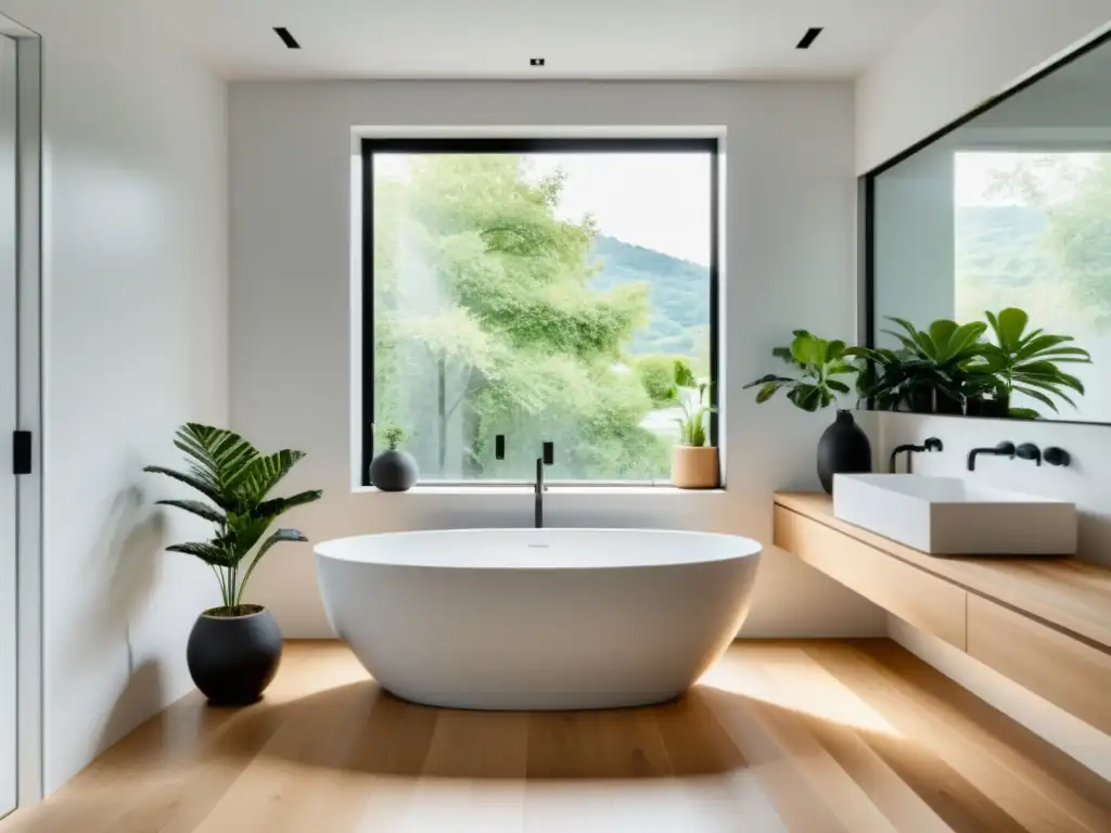 Un baño minimalista y sereno con bañera moderna en esquina, luz natural y planta