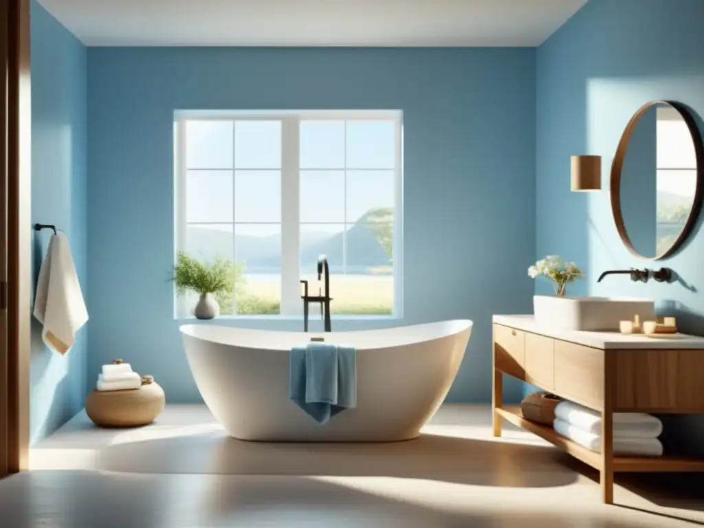 Un baño minimalista y sereno con paletas de colores Feng Shui baño, toallas suaves y accesorios en tonos tierra