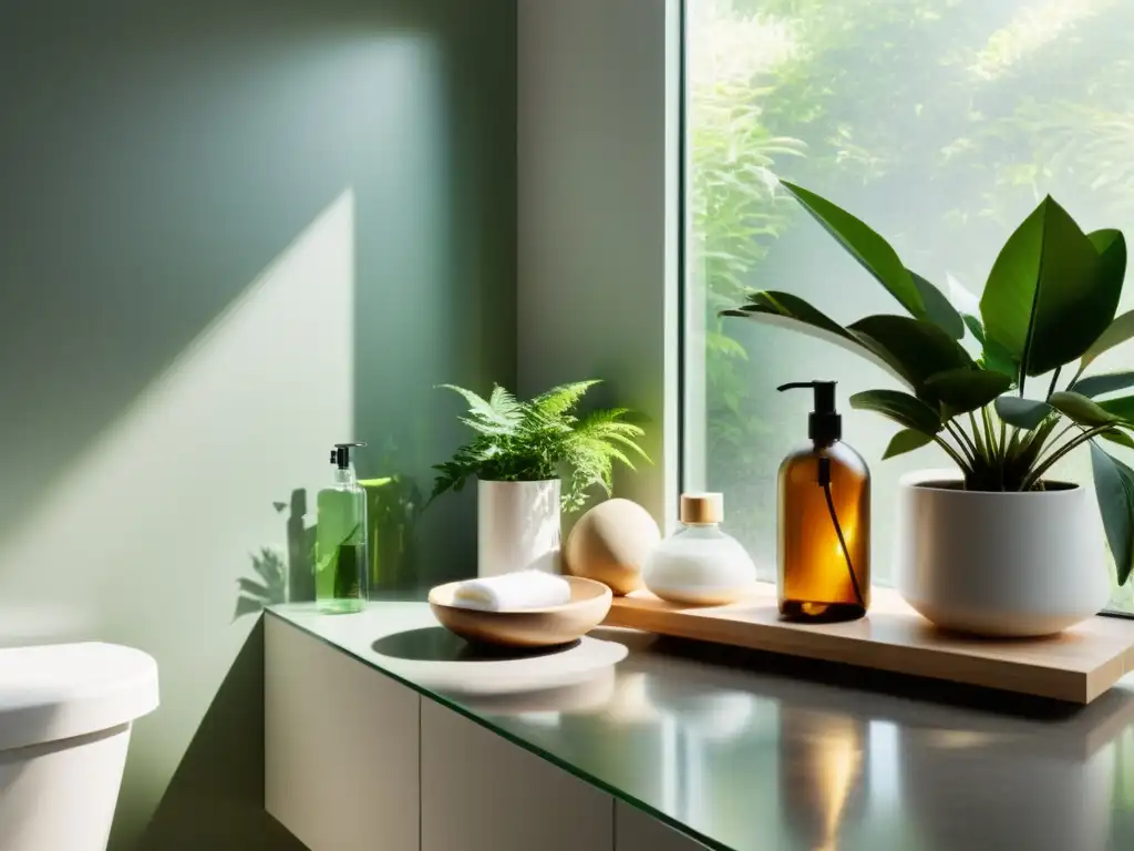 Un baño minimalista y sereno con plantas verdes, luz natural y detergentes ecológicos