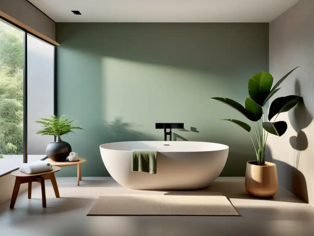 Baño minimalista en tonos suaves, armonizado con Feng Shui, luz natural, bañera exenta, toalla doblada en taburete de madera y planta verde