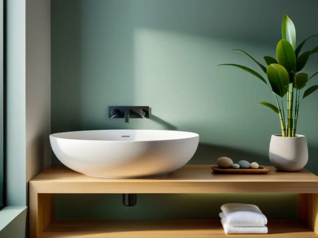 Baño moderno con elementos de Feng Shui para armonizar el baño en un espacio tranquilo y equilibrado con iluminación natural y decoración minimalista