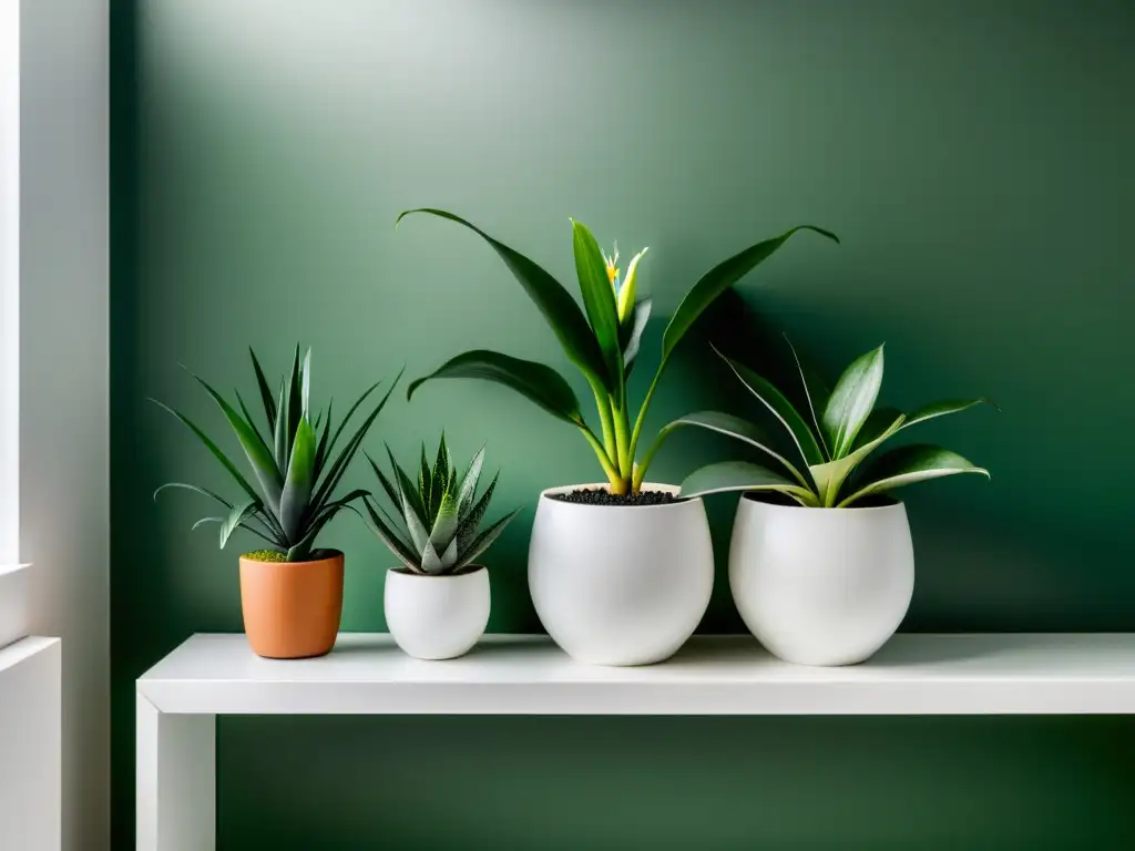 Un baño moderno con plantas purificadoras para baño Feng Shui, transmitiendo tranquilidad y equilibrio con su diseño minimalista y plantas verdes