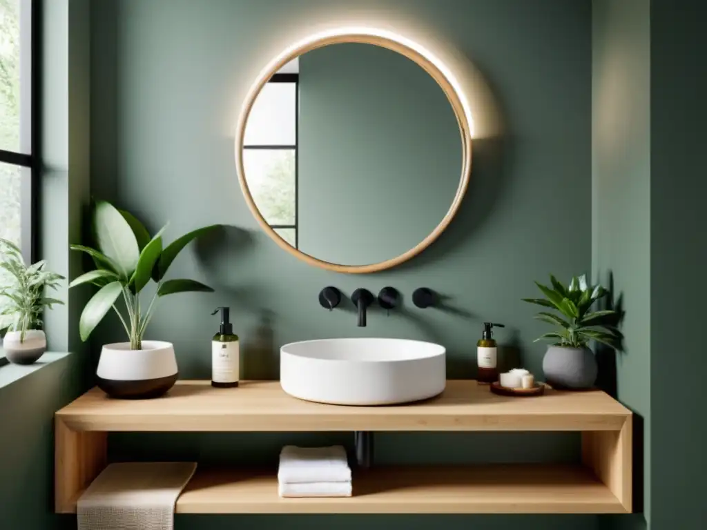 Un baño pequeño armonizado con elementos naturales, espejo redondo de madera y luz suave, reflejando el Feng Shui