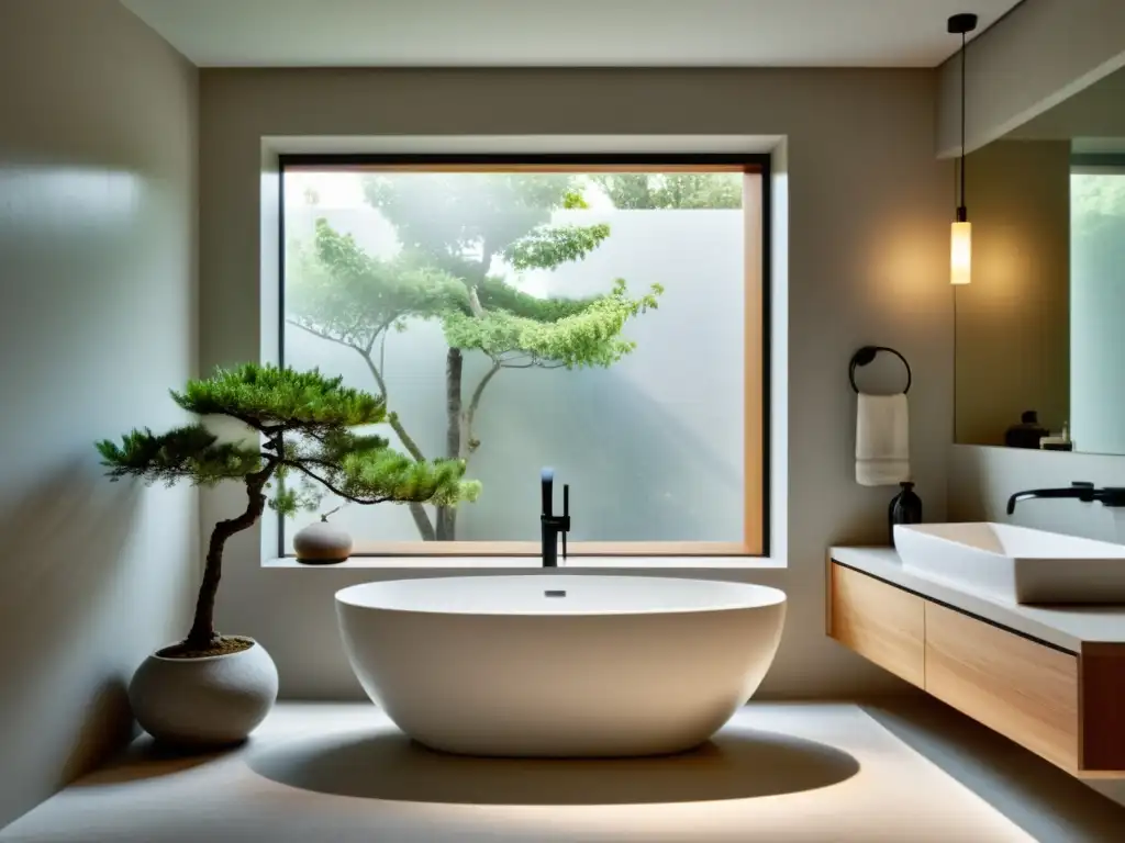 Un baño pequeño armonizado según los principios del Feng Shui, con una elegante bañera y una serena iluminación natural