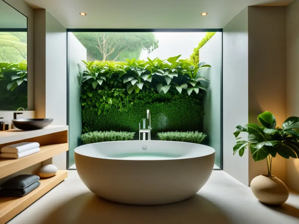 Un baño Zen para armonización hogar: bañera de piedra clara llena de agua, luz natural y plantas verdes para una atmósfera tranquila