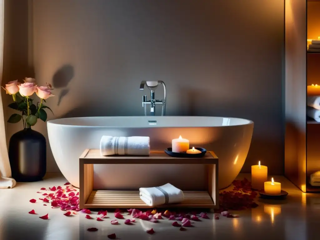 Un baño de sales para armonizar en un baño minimalista y sereno, con luz natural y una bañera profunda llena de pétalos de rosa