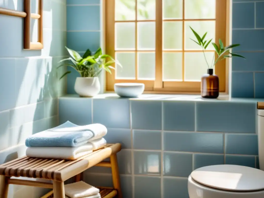 Un baño sereno con azulejos azul claro y blanco, un taburete de madera y una pequeña planta de bambú en la encimera