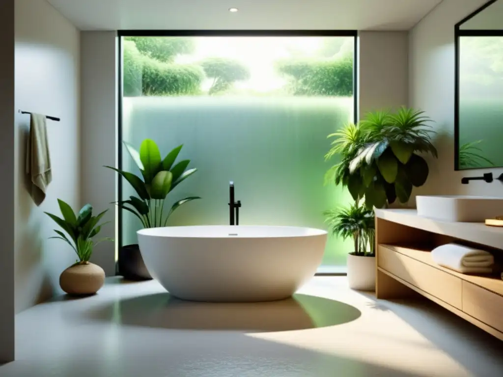 Un baño sereno con bañera moderna, plantas verdes y una mascota bien cuidada, reflejando armonía y Feng Shui en el baño de mascotas