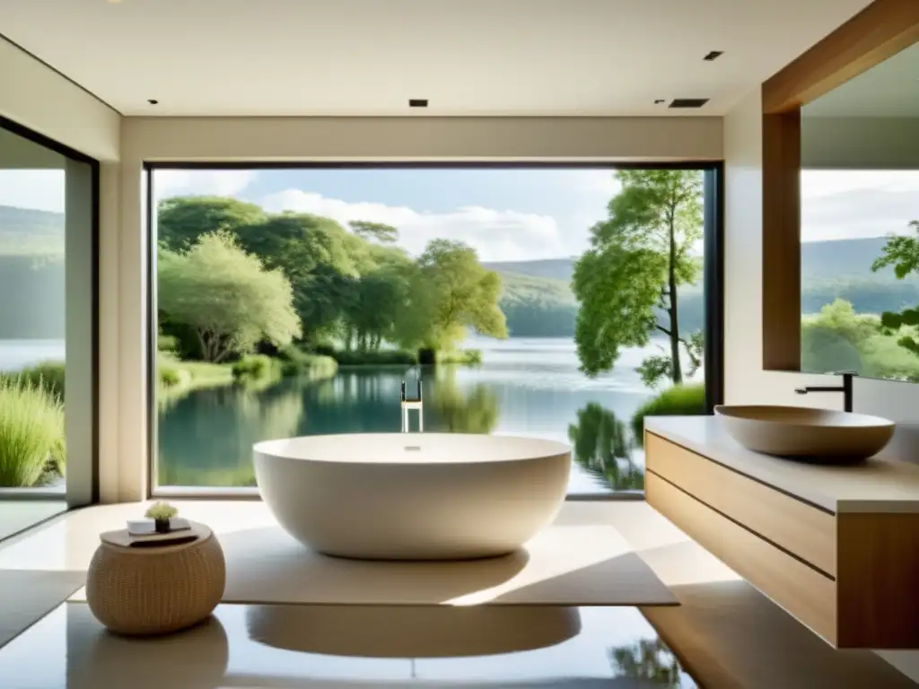 Baño sereno con bañera cerca de ventana con vista a agua tranquila