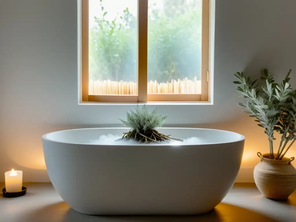 Baño sereno con detalles de purificación energética y luz natural