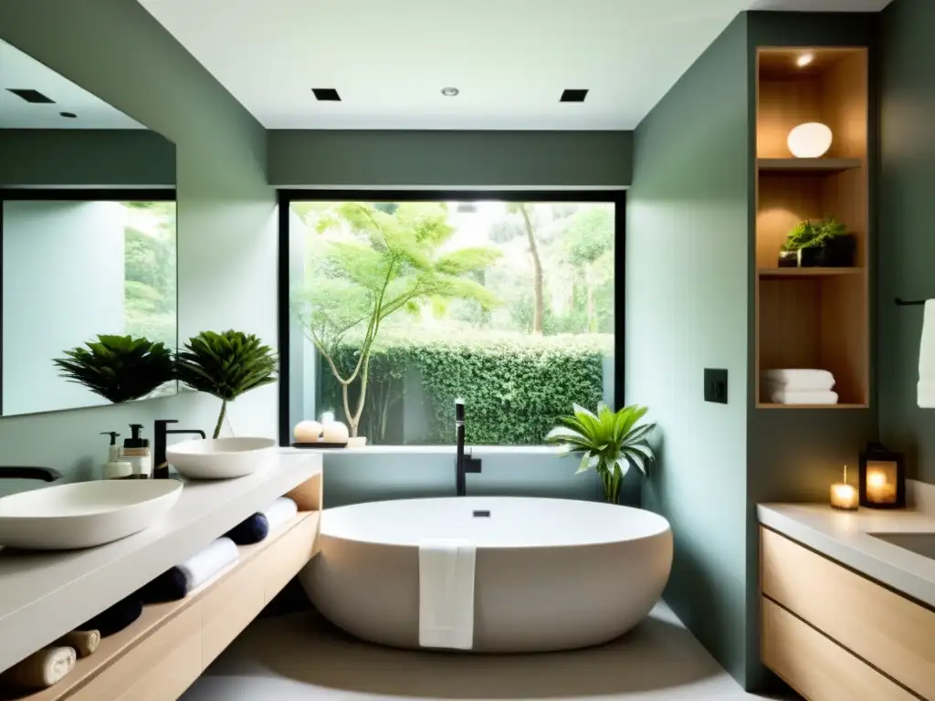 Baño sereno con diseño minimalista y elementos esenciales de Feng Shui, promoviendo armonía y tranquilidad