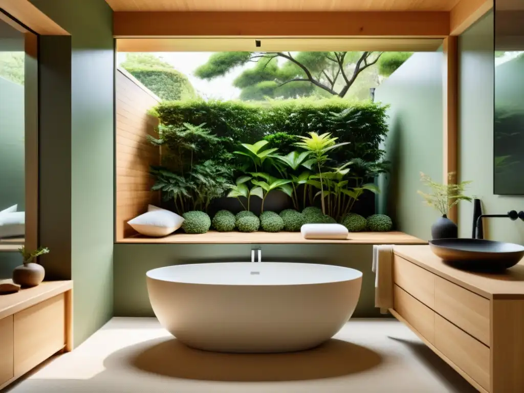 Un baño sereno con elementos esenciales diseño Feng Shui: bañera japonesa, ventana con vista al jardín y paleta de colores calmados