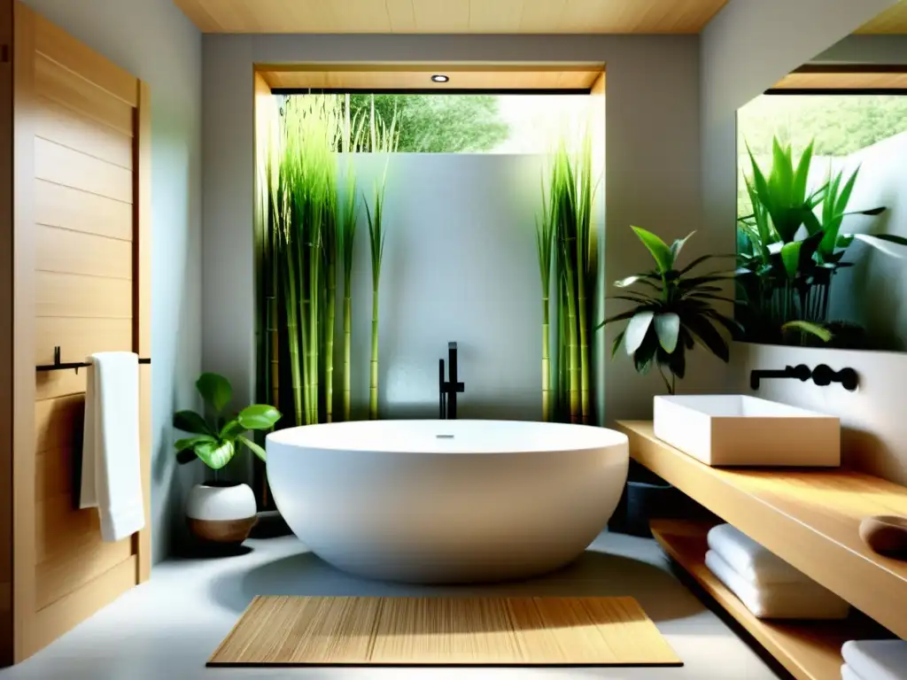 Un baño sereno con iluminación suave y diseño minimalista, armonizado con elementos de Feng Shui