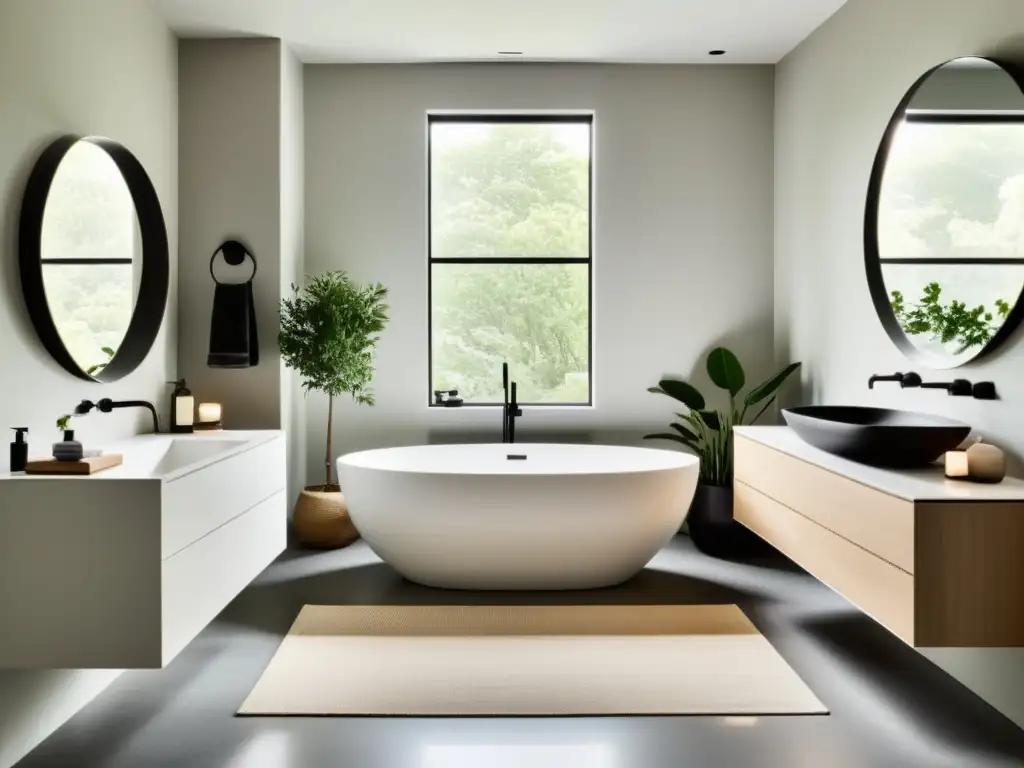 Baño minimalista y sereno con bañera independiente y luz natural Baño sereno con líneas limpias y paleta de colores neutros